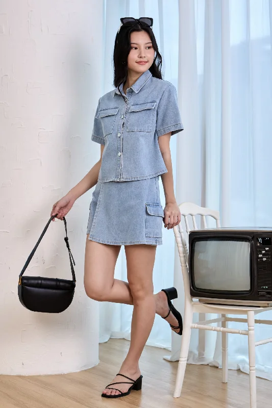 Restocked* Denim Overlay Cargo Skorts in Light Wash