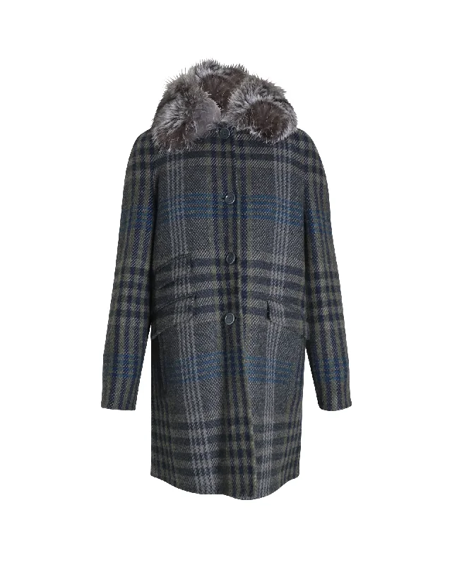 Loro Piana Fur Collar Plaid Coat in Multicolor Cashmere