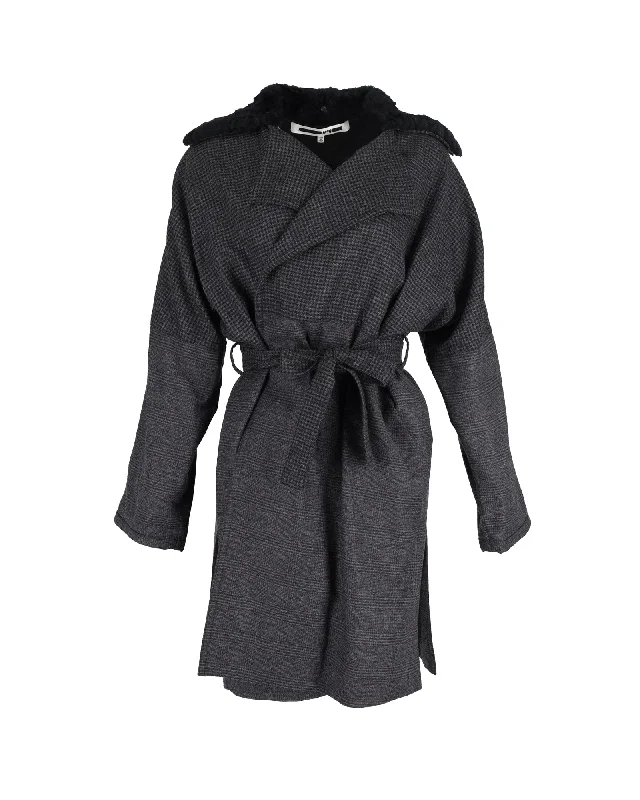 McQ Faux Fur Collar Check Kimono Wrapped Coat in Grey Wool