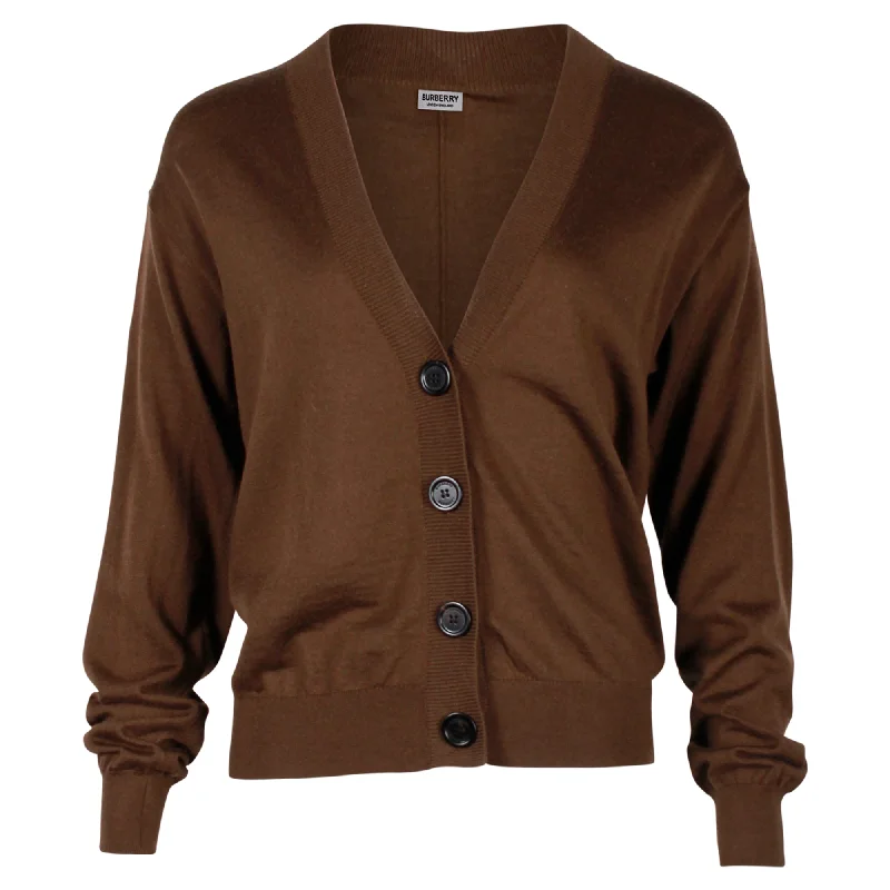 Burberry Elbow Patch Cardigan in Brown Merino Wool