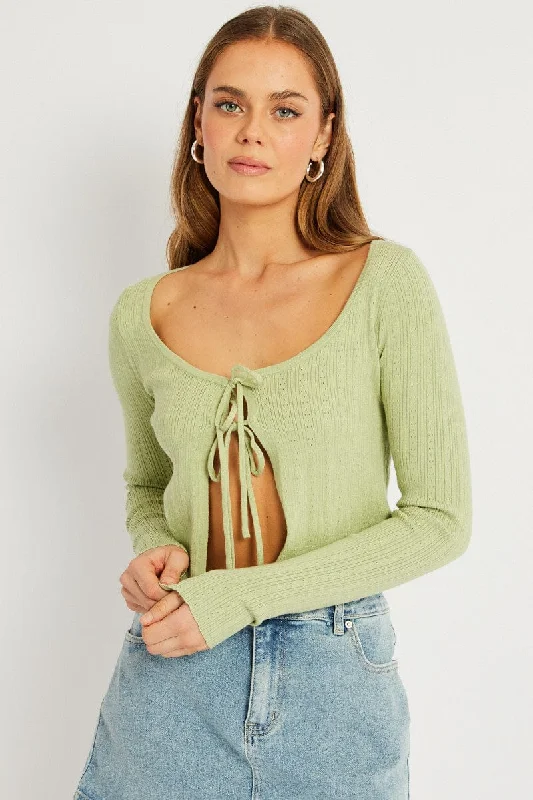 Green Tie Up Cardigan Long Sleeve