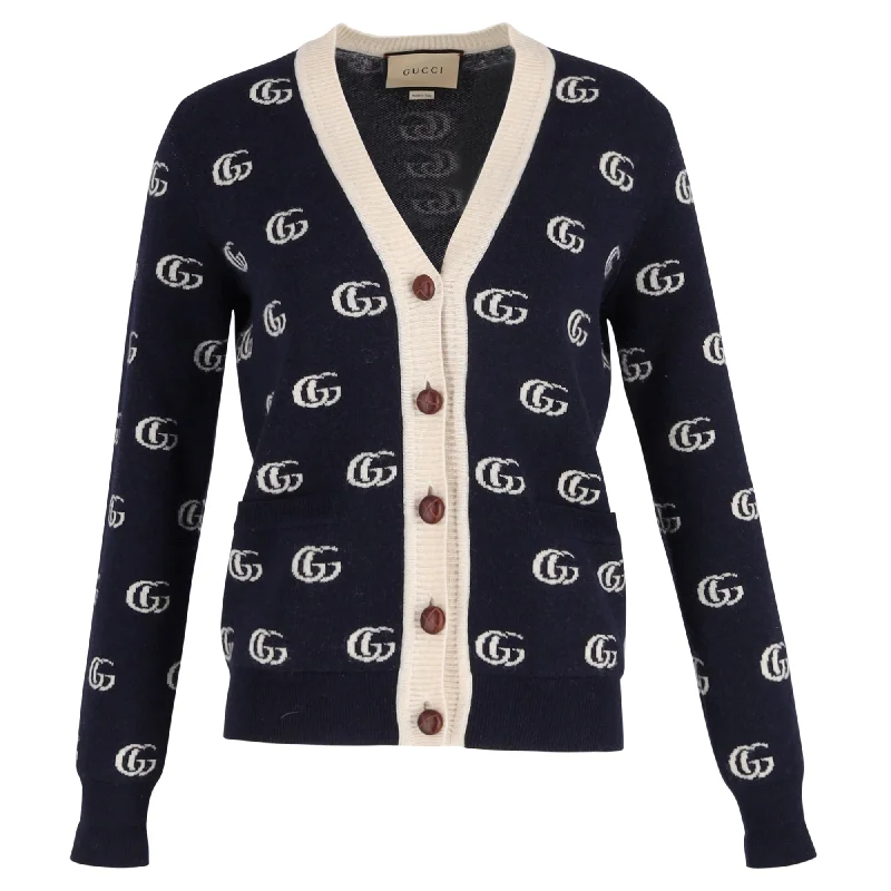 Gucci Double G Cardigan In Blue Jacquard Wool