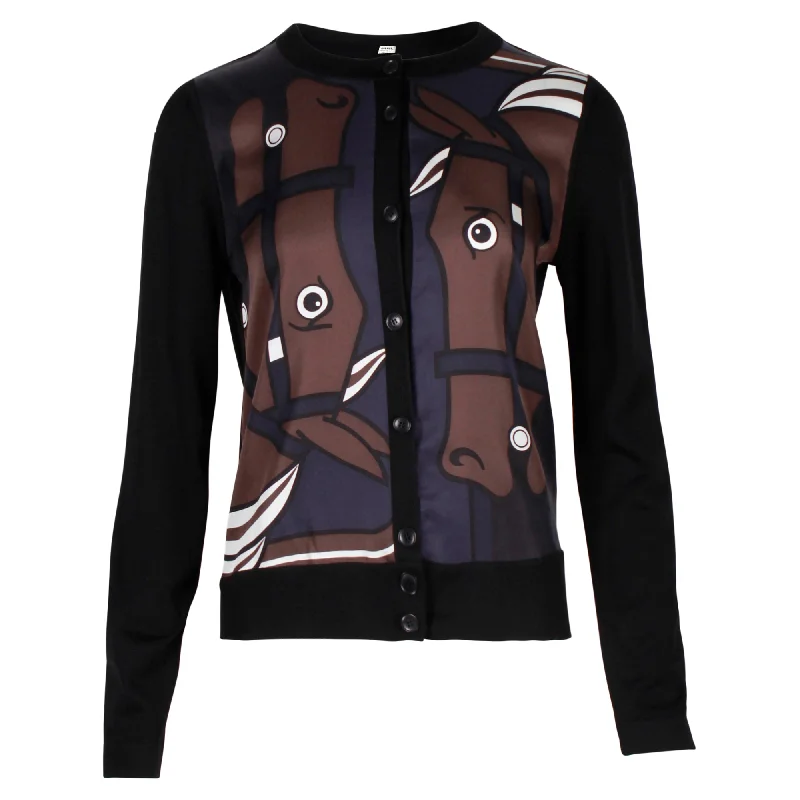 Hermes Horse Printed Cardigan in Black Virgin Wool