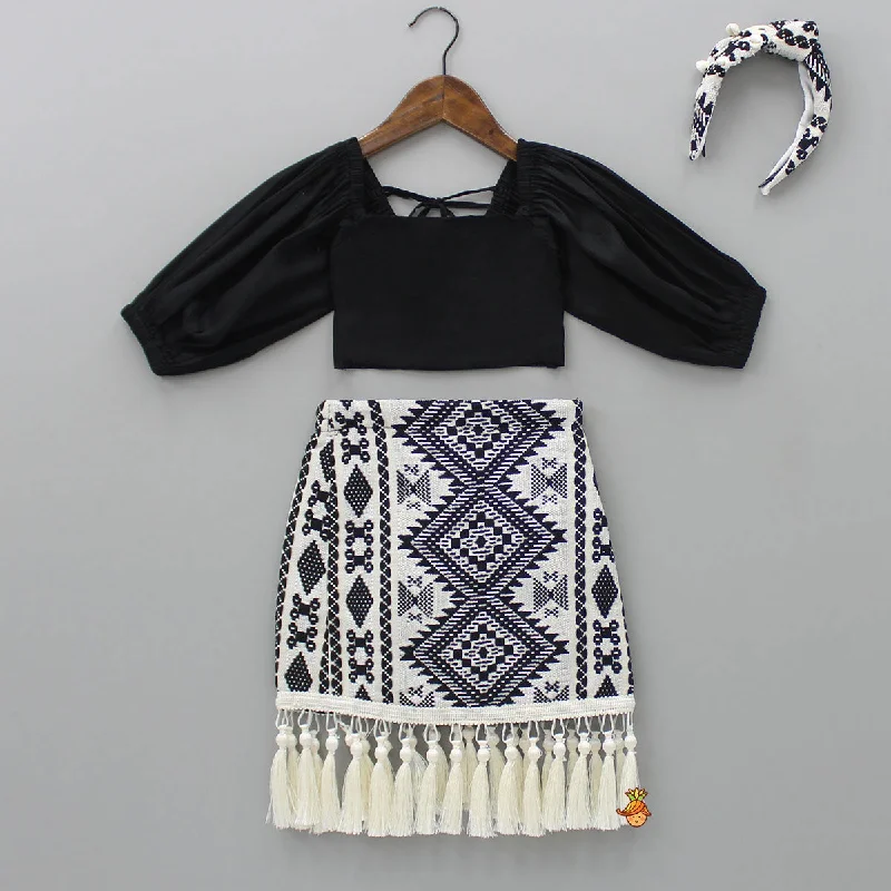 Smocked Back Stylish Sleeves Black Top And Fringes Skirt With Knot Detail Hair Band