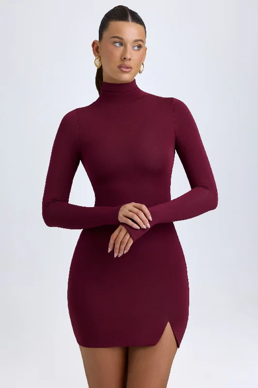 Modal Turtleneck Mini Dress in Wine Red